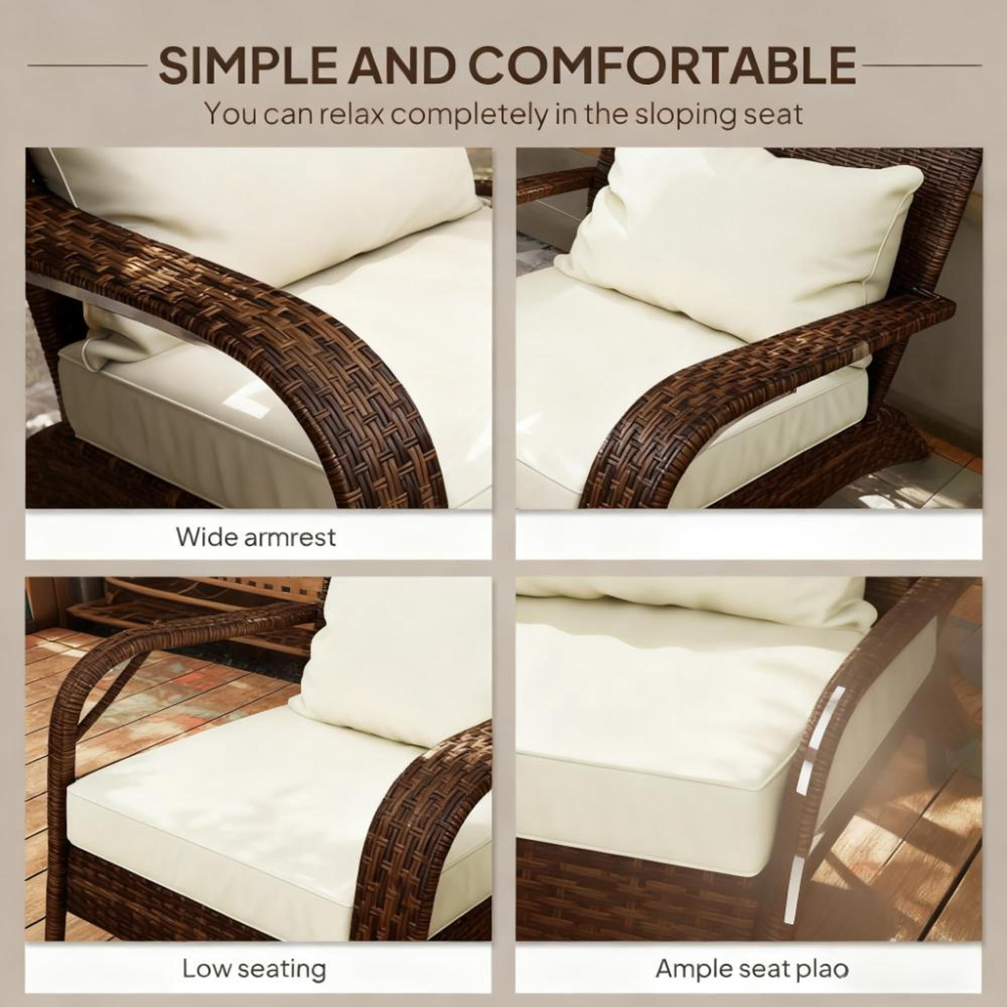 Outdoor Adirondack Chair with Tall Curved Backrest, Soft Cream Cushions | Walnut Brown Wicker | Rattan,Steel,Polyester