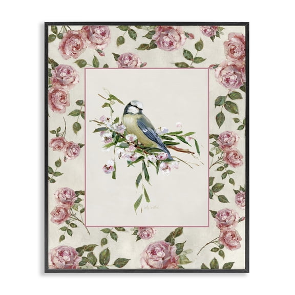 Stupell Industries Cottage Dainty Roses & Perched Bird Black Framed Giclee Art, 11 x 14, by Sally Swatland