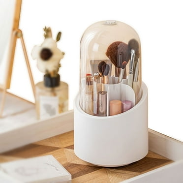 Makeup Brush Holder Organizer with Lid, Rotating Dustproof Make Up Brush Container with Clear Acrylic Cover, 7 Compartments Spinning Cosmetics Storage Cup for Vanity Desktop, White