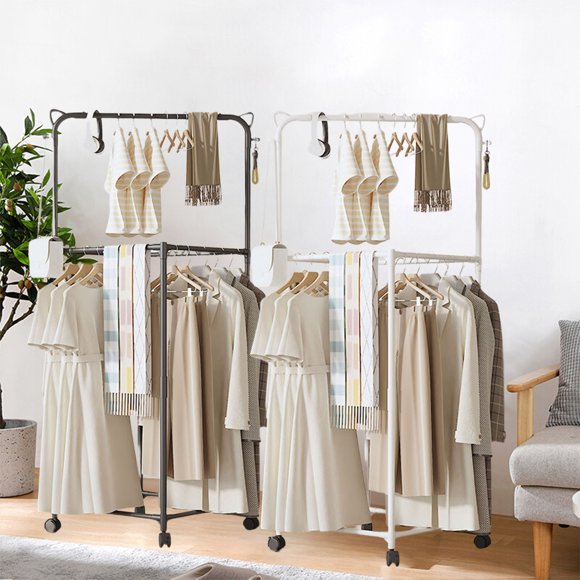 Bowayaoa Rotating Floor Clothes Rack, Mobile Garment Rack with Wheels, Heavy Duty Standing Clothes Hanger, Portable Drying Rack for Bedroom, Laundry, Dorm, Indoor Storage Organizer