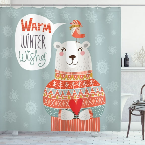 Ambesonne Christmas Shower Curtain, Warm Winter Wishes Bird, 69"Wx75"L, Blue Grey and Dark Salmon