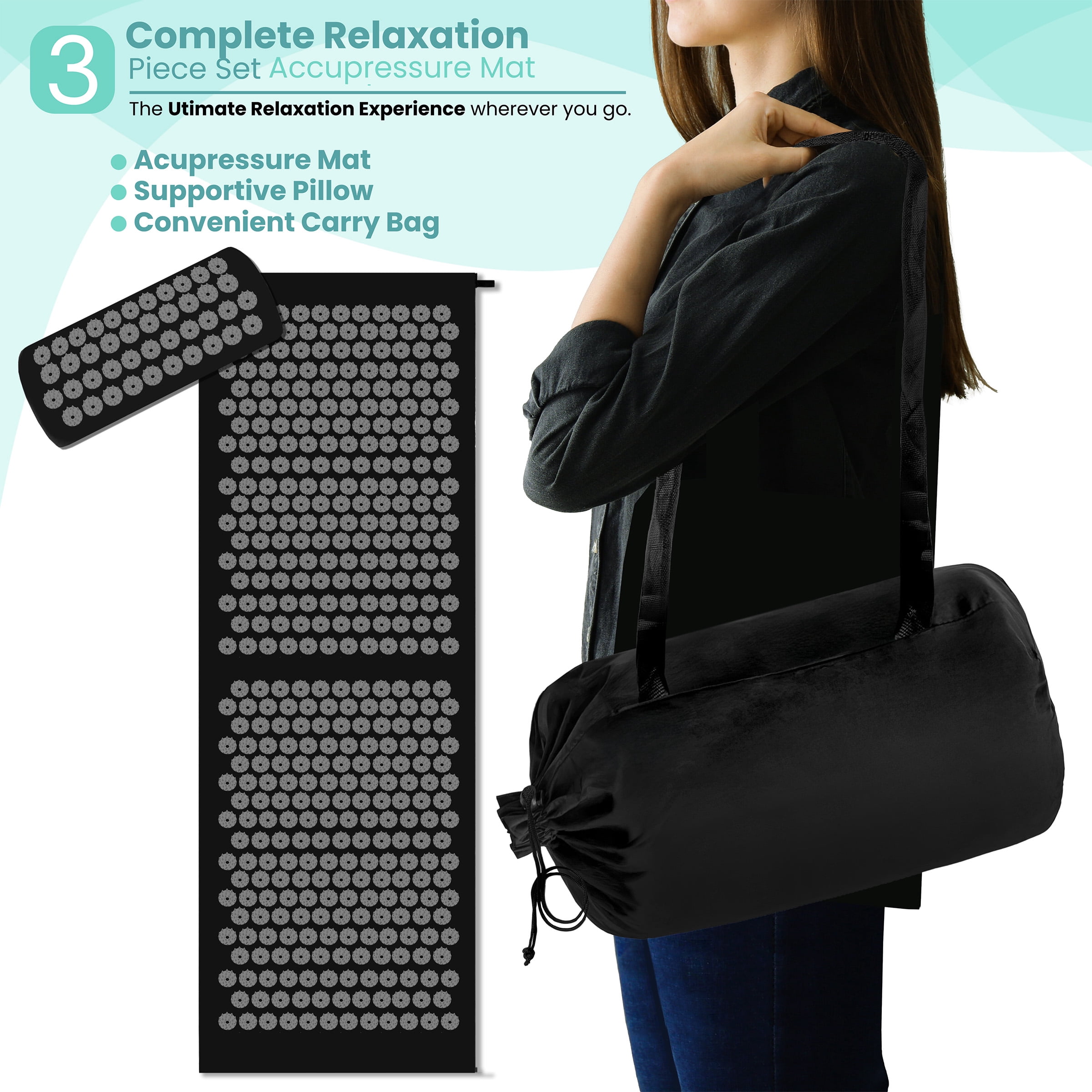 Sivan Health and Fitness Large Acupressure Mat and Pillow Set - Grounding Mat for Stress, Back & Neck Pain - Acupuncture Point Massage Mat - Includes Carry Bag