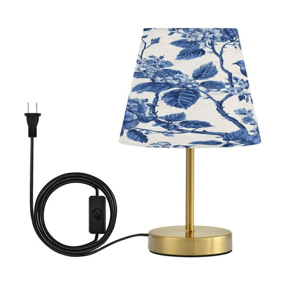Modern Minimalist Cone Desk Lamp Antique Bronze Base & Linen Shade Bedside Table Lamp for Bedroom Living Room, Office, Dorm Blue Flowers and Birds Medium