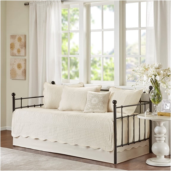 JERFIT Reversible Twin Daybed Set with Scalloped Edges, 6-Piece Farmhouse Bedding Ensemble with Quilted Cover, Sham & Bed Skirt, Cream