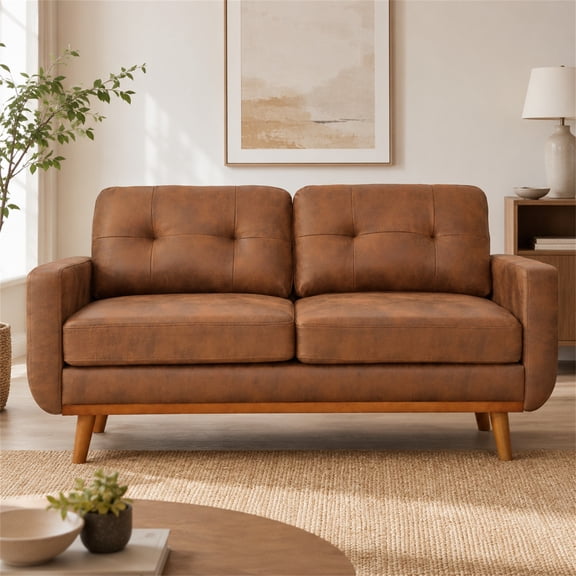 SESSLIFE 65" Loveseat Sofa, Mid Century Modern 2 Seater Loveseat Couch with Foil Fabric, Small Couch with Solid Wood Legs for Living Room, Bedroom, Apartment, Brown