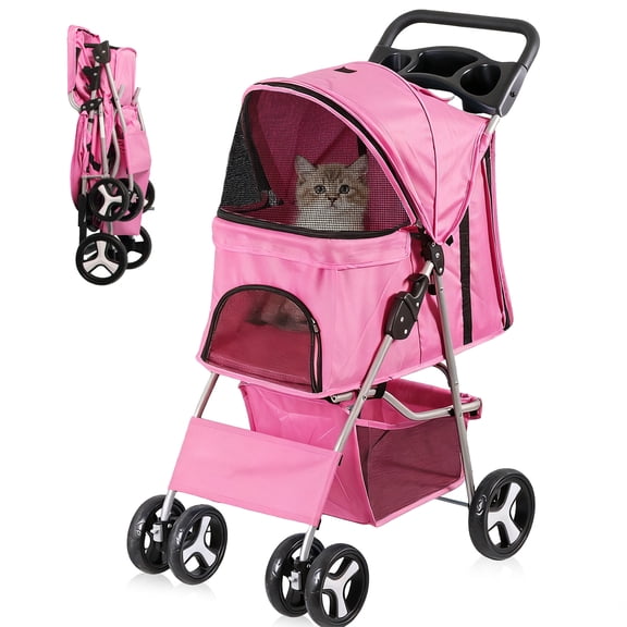 SuperDeal Folding Pet Stroller for Small Dog Cat, 4 Wheels Breathable Pet Carrier W/Cup Holder & Basket, Pink