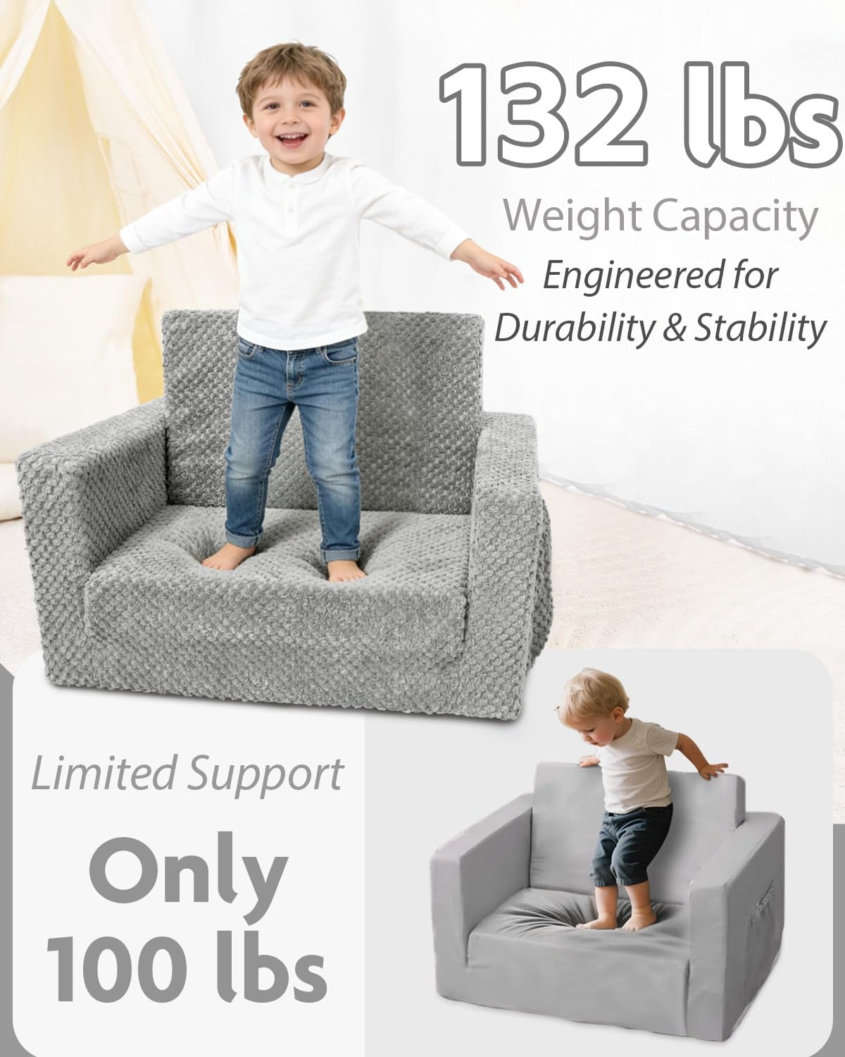 Foldable Toddler Couch with Soft  Cover, 2-in-1  Sofa & Lounger for Kids