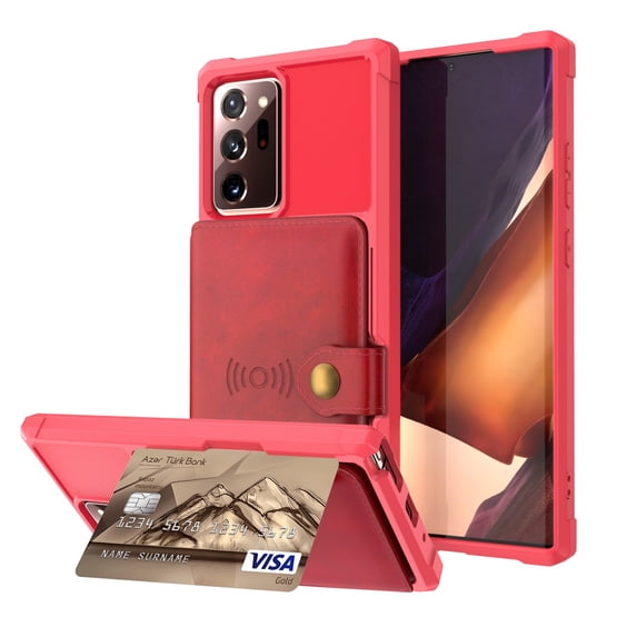 Mantto Back Folio Cover for Samsung Galaxy Note 20 Wallet Case, PU Leather Kickstand Credit Card Holder Slots Case, Magnetic Absorption Durable Shockproof Cover, Red