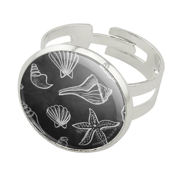 Seashells Chalkboard Style Silver Plated Adjustable Novelty Ring
