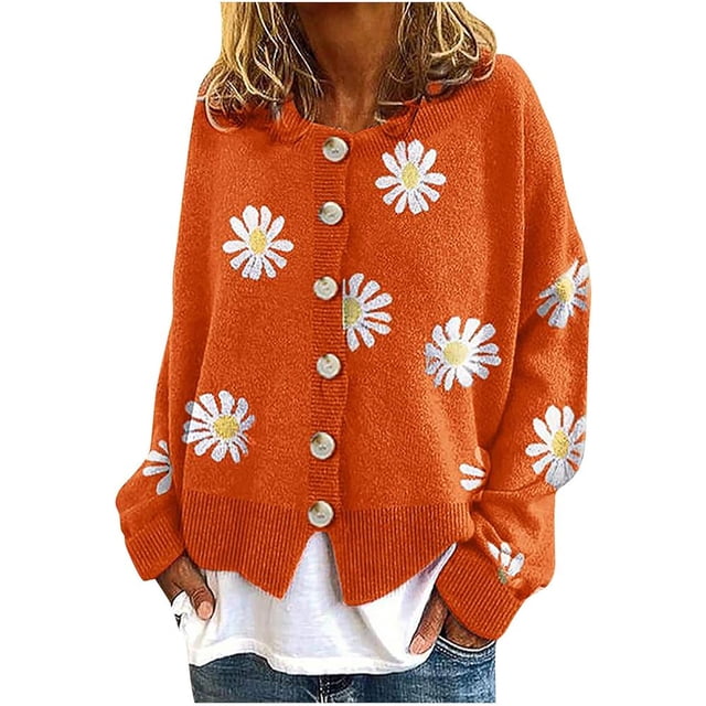 Cárdigan de punto para mujer, de invierno, con escote en V, manga larga, con margaritas, holgado, liso, con botones, abierto, informal (L)
