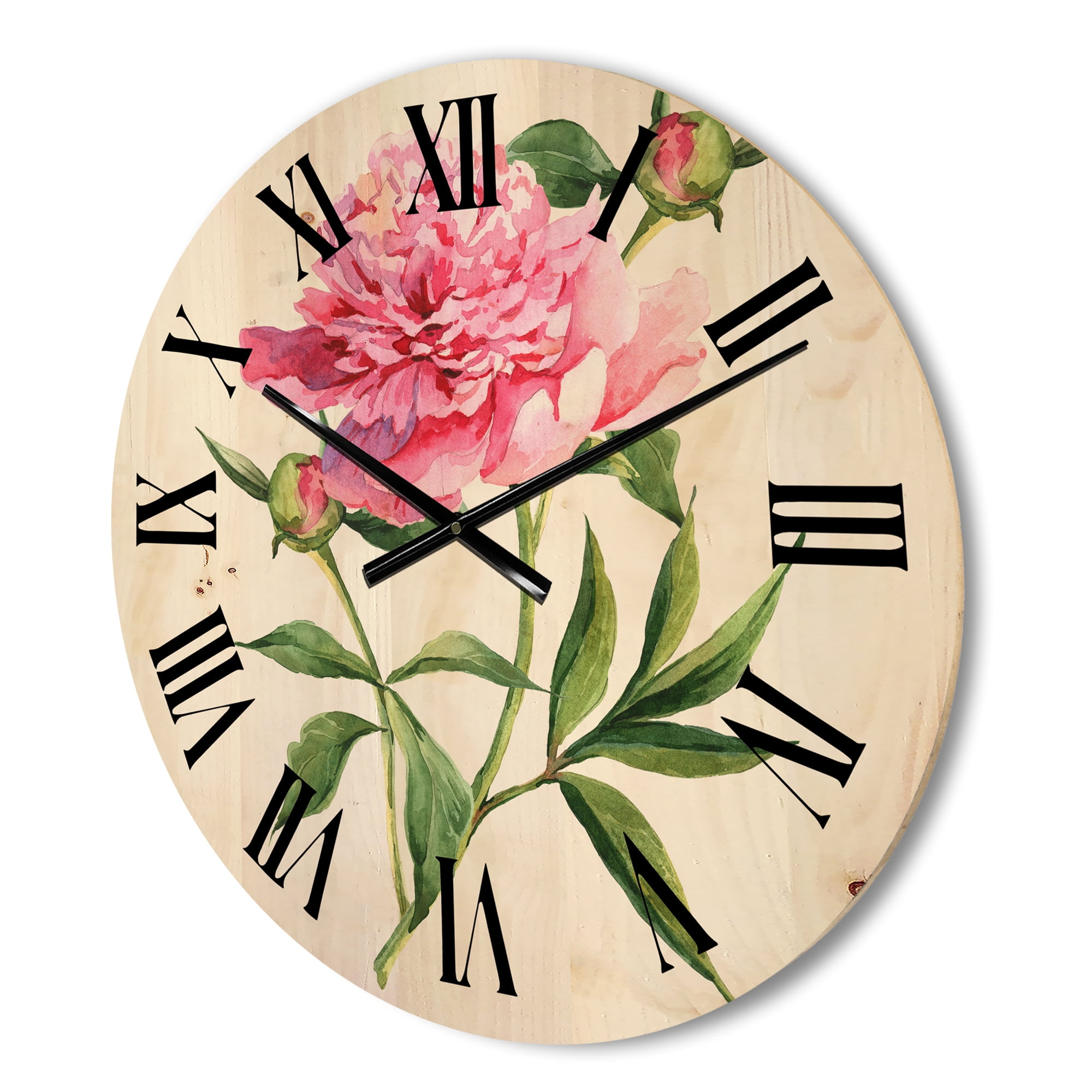 Designart 'Ancient Pink Peonies' Traditional Wood Wall Clock