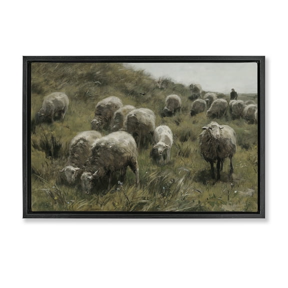 Stupell Industries Sheep At Pasture Landscape Painting Black Floater Framed Canvas Art Print Wall Art, 25 x 17