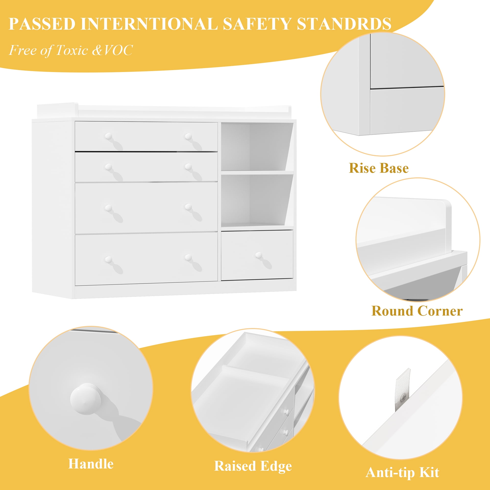 OXYLIFE Baby Changing Table Dresser Nursery Chest with Storage,5 Drawers&2 Shelves,White