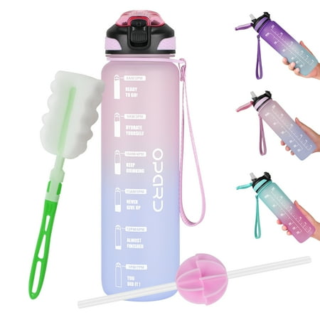 

32 oz Leakproof Water Bottle Non-toxic Water Jug with Time Marker Shaker Ball Straw