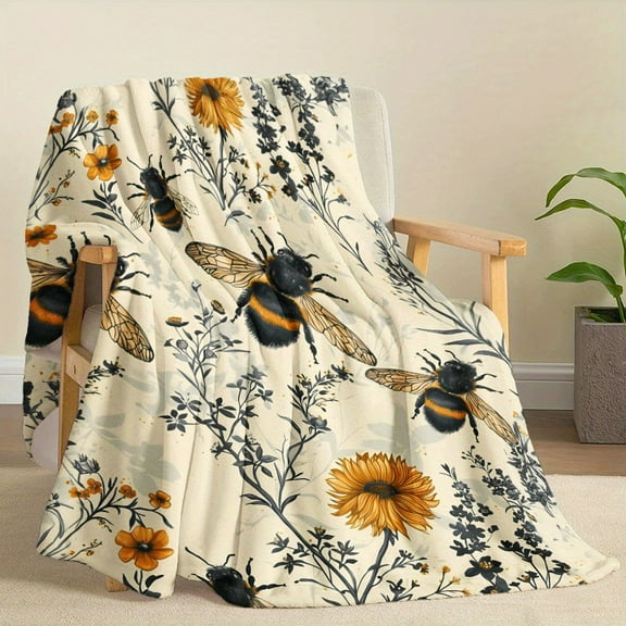Soft Bee & Wildflower Flannel Throw Blanket Warm Cozy Perfect for Naps Camping Travel Ideal Gift for Friends and Family