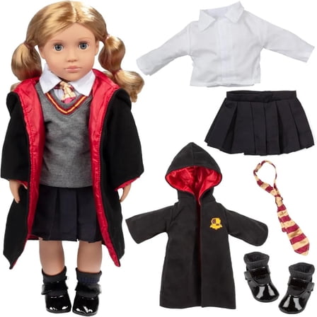Hermione Granger Inspired Doll Clothes for 18" Dolls - 7pc Hogwarts-Like Costume Premium HandmadeÂ School Uniform Includes Shirt, Skirt, Sweater, Tie, Socks, Robe, & Shoes