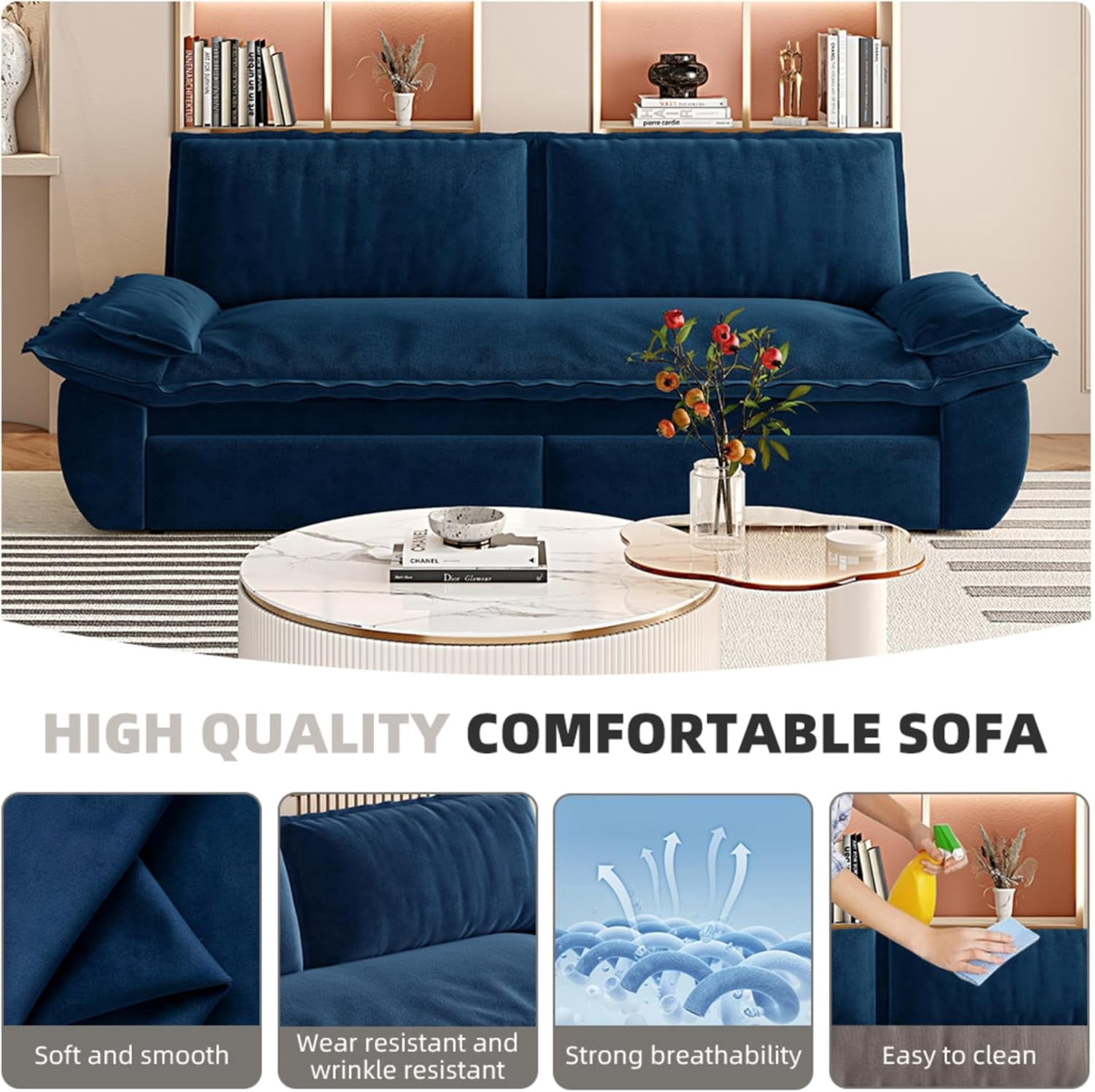 73.2" Futon Sofa Bed Queen Size, Pull Out Bed, 3-in-1 Convertible Sleeper Sofa with 2 Soft Pillows, Modern Velvet Futon Couch for Living Room, Small Space, Apartment, Bedroom, Blue