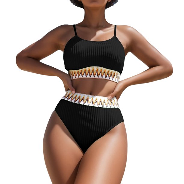Gibobby Trajes de Baño para Mujer Bikini dividido sin mangas con estampado de en contraste de moda informal de color sólido para mujer(Negro,M)