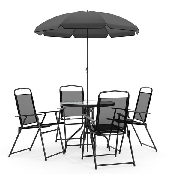Nantucket 6 Piece Black Patio Garden Set with Table, Umbrella and 4 Folding Chairs
