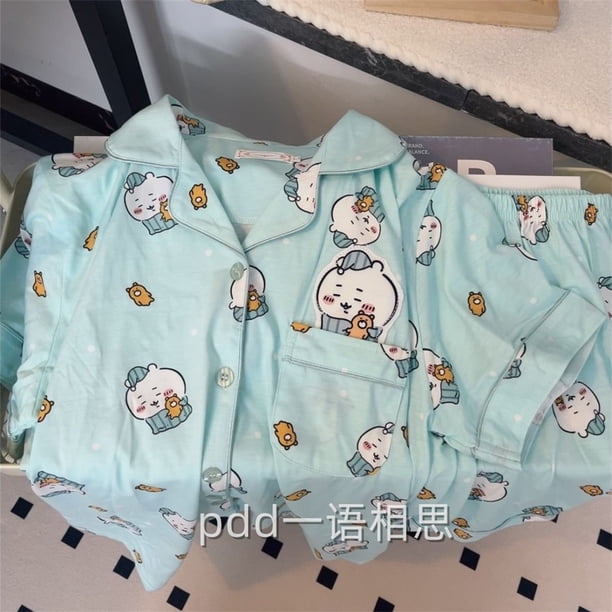 Pijama de Chiikawa de dibujos animados de Anime Kawaii para mujer, pantalones cortos de manga corta finos de verano, conjunto de ropa para el hogar, pijama estampado, regalo