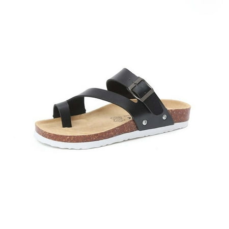 New Black Leather Women Sandals - Phoebecat Sandals for Women, Women's Light Weight Cross Toe Double Buckle Strap Leather Flat Sandals for Ladies, Black Summer Beach Soft Adjustable Buckle Flat Open Toe Slide Shoe for Men
