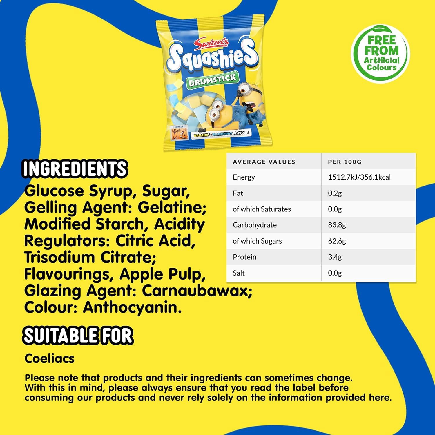 Swizzels Squashies Minion Sweets - Banana & Blueberry Flavour - Single Bag 120g