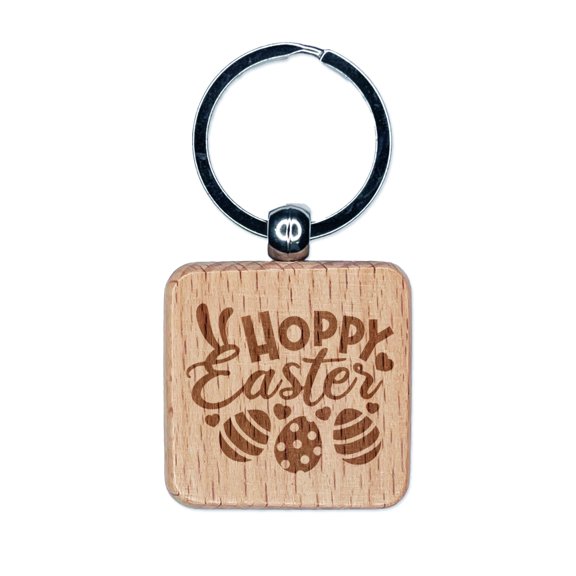 Happy Hoppy Easter Eggs with Bunny Ears Square Keychain Charm Tag - Engraved Wood