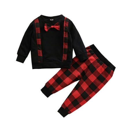 

GWAABD Baby Clothes for Boys Toddler Kids Boys Outfit Plaid Prints Bowknot Long Sleeves Top Plaid Pants 2pcs Set Outfits