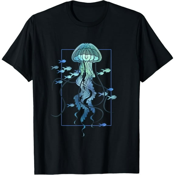 Graphic Jellyfish and Fishes in Sea T-ShirtMen and women, White Black T-shirt, size: Extra large S-853XL