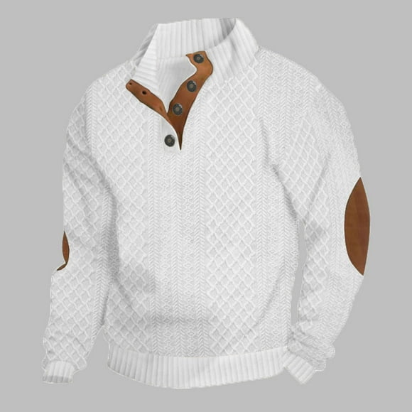 BADHUB Men's 1/4 Button Up Pullover Hoodies Jacquard Long Sleeve Sweatshirt Stand Collar Vintage Casual Hooded Elbow Patche Hoody Top on Clearance White,S