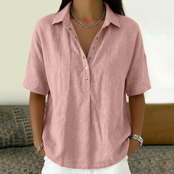 Linen Polo Shirts for Women Summer Gauze Tops Snap Button Short Sleeve V Neck Blouses Dressy Casual Tunic Clothes Pink S