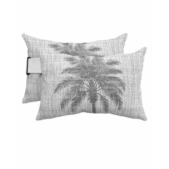 Pack of 2 Outdoor Lumbar Pillow Covers 11x16 Inch, Grey Palm Tree Waterproof Throw Pillow Covers Set, Tropical Summer Coastal Vintage Gray Indoor&Outdoor Decorative Cushion Cases for Patio Porch Car