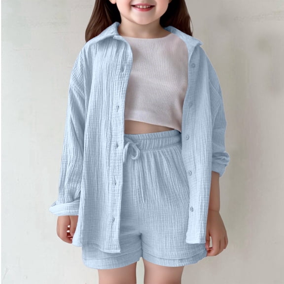 SONGGE Girls Outfit Sets Casual Summer Fall Outfit Sets Shirt Shorts Set For Kids Toddler Girls Comfortable Solid Color Loose Fit Daily School Playground Back To School Leisure Clothing Sets