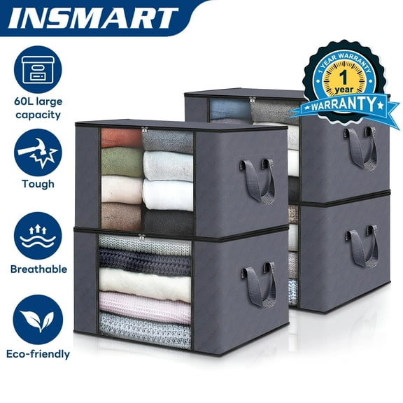 INSMART 4-Pack Clothes Storage Bags with Lid, Large Wardrobe Organizer and Storage, 60L Foldable 3-Layer Fabric Storage for Clothes, Blankets, Bedding
