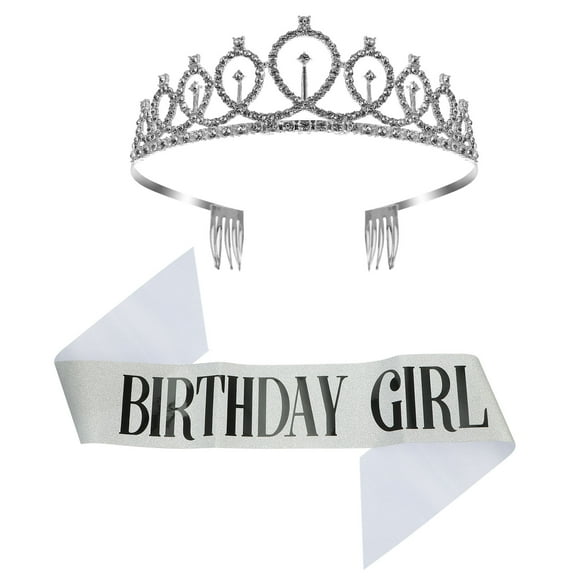 HINTRMENT 1 Set Birthday Crown Sash for Girls Silver 158x9.5in 12x5in Party Accessory