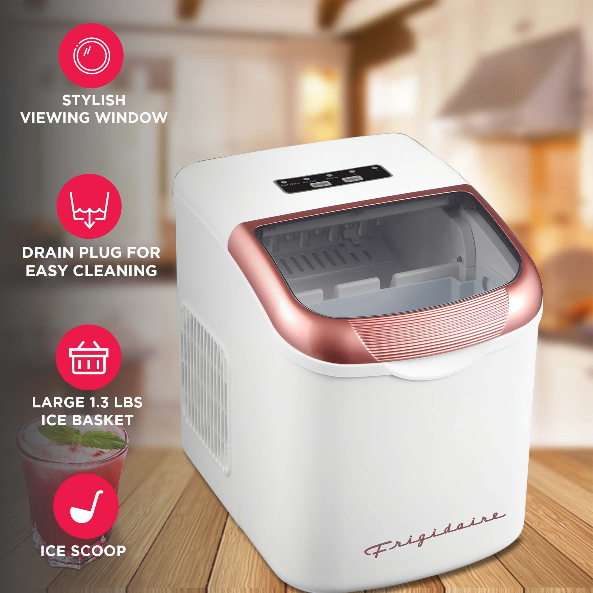 Frigidaire 26 Lbs. Retro Countertop Ice Maker, Bullet Shaped Ice, White/Rose Gold