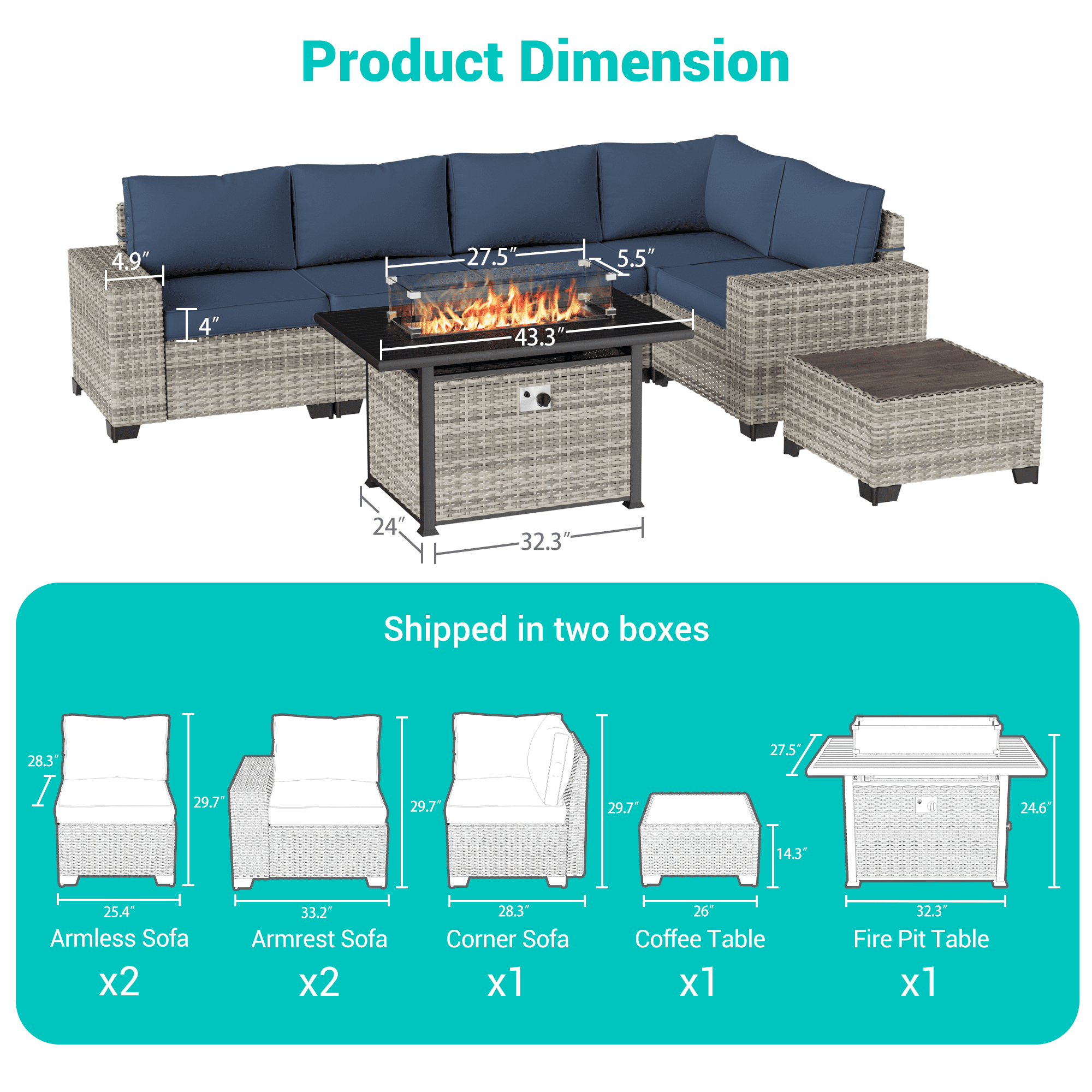 Sweecci 7 Pcs Outdoor Patio Furniture Set, All Weather Wicker Rattan Sectional Sofa & 55000BTU Gas Fire Pit Table, 2-in-1 43" Propane Fire Table for Backyard Garden Poolside Deck,Navy Blue
