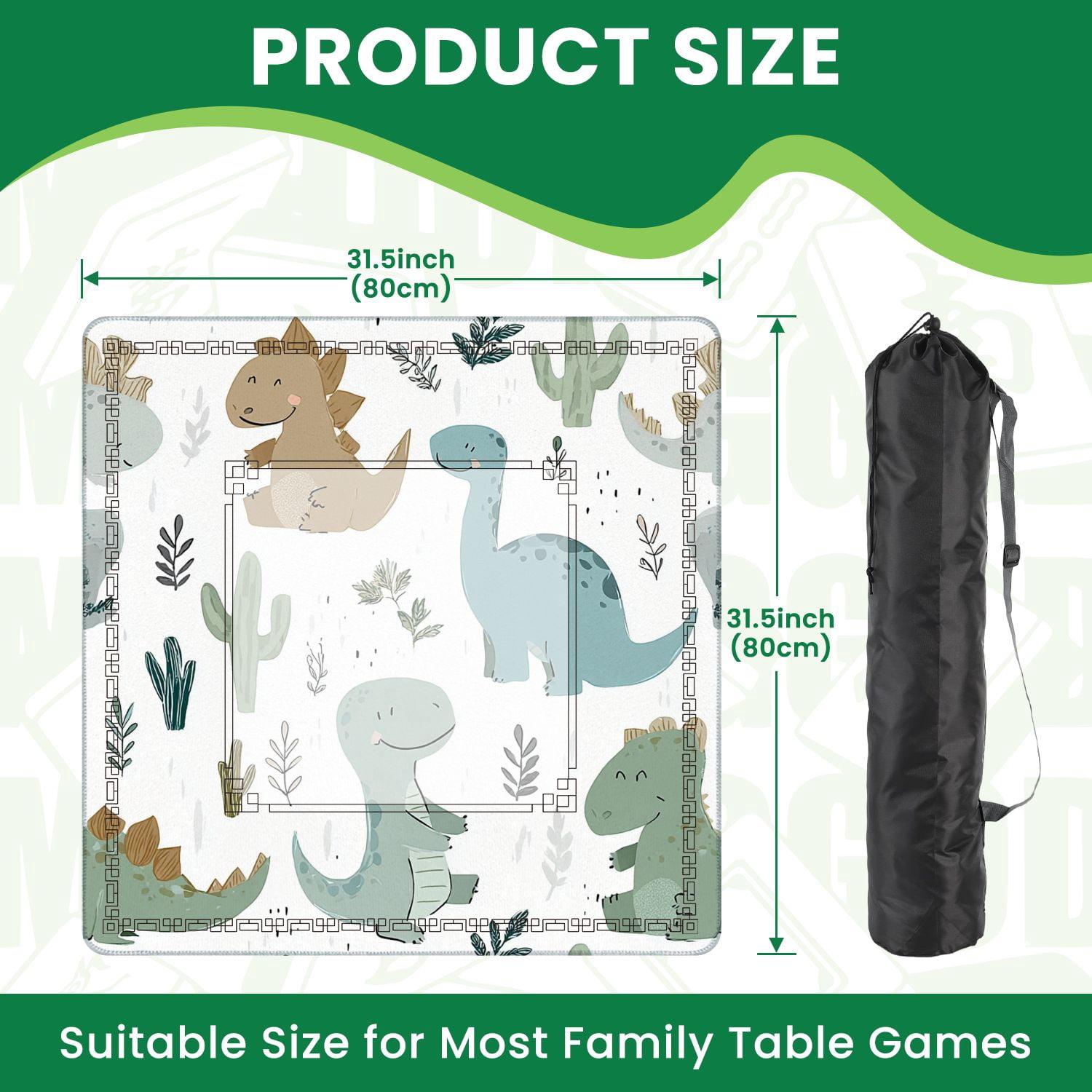 Mahjong Mat 31.5" x 31.5" Dinosaur seamless Sweet dino palm cactus Non-Slip Noise Reduction American Mahjong Tiles Table Cover for Dominoes Poker Card Board Games Gift