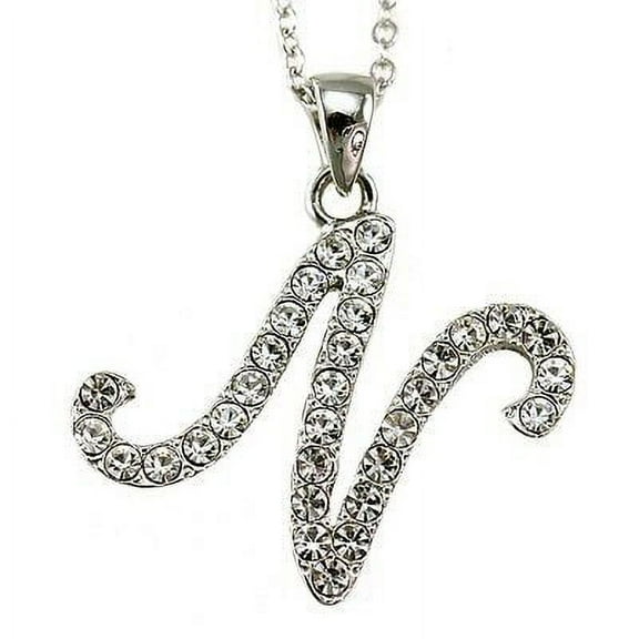 Initial N Necklace Chain Clear Stone Crystal Rhinestone Silver Tone Pendant NEW