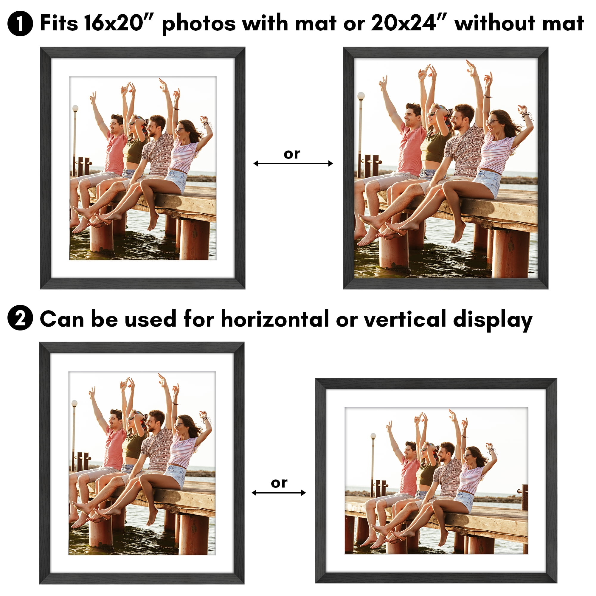 Americanflat 20x24 Picture Frame with Polished Plexiglass with 16x20 Mat Display Photo Hudson Wide - Black