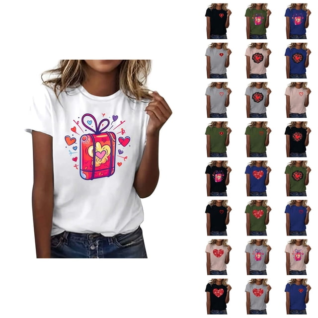 T-shirts de la Saint-Valentin pour Femmes 2026 à la Mode Manches Courtes Col Rond avec Cœur Graphique