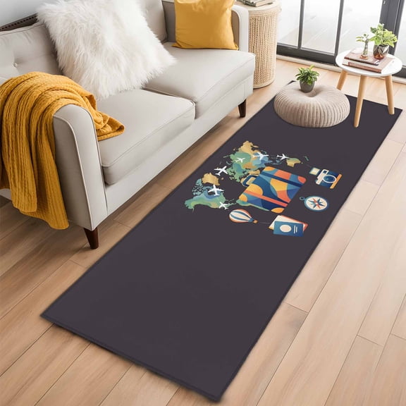 Travel Adventure 2'x6' Runner Rugs for Hallway Kitchen Bedside Non Slip Washable, Abstract Art Maps Suitcase Hot Balloons Entryway Rug Runners with Rubber Backing, Long Carpet Runner for Laundry Room