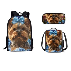 Tutolipy Yorkshire Terrier School Backpack Set with Lunch Bag Pen Bag Lightweight Girls Backpack with Lunch Box Kids Backpack Set with Lunch Box and Pencil Case Brown and Blue