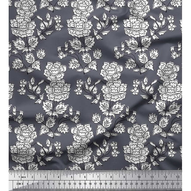 Soimoi Rayon Crepe Fabric Leaves & Floral Block Print Sewing Fabric Yard 46 Inch Wide