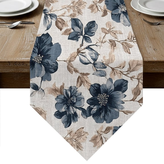 Blue Florals Table Runner Linen Burlap Table Runner 72 Inches Long Farmhouse Botanical Peonies Vintage Brown Leaves Dresser Scarves for Kitchen Island Coffee Dining Room Party Holiday Decor 16"x72"