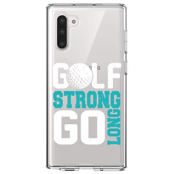 DistinctInk Clear Shockproof Hybrid Case for Samsung Galaxy Note 10 (6.3" Screen) - TPU Bumper Acrylic Back Tempered Glass Screen Protector - Golf Strong Go Long