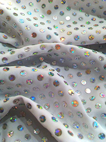 4mm Shiny Holographic Flat Circle Trans on Bright Colorful Stretch Polyester Spandex Fabric by The Yard (White/Silver)