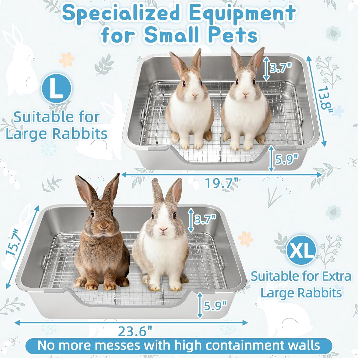 Large Stainless Steel Rabbit Litter Box with Sifting Tray, Steel Grids Bunny Litter Box, Rabbit Potty Pan for Adult Guinea Pigs, Chinchillas, Ferrets, Squirrels, Easy to Clean, Odor Control