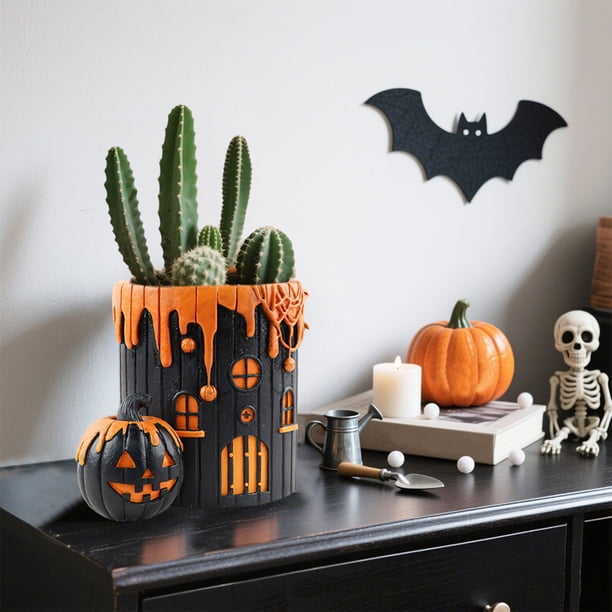 Maceta Decorativa de Resina con Forma de Halloween | Esqueleto de Calabaza | 20 X 15,5 Cm | Naranja | 1 Unidad | 0,82 Kg