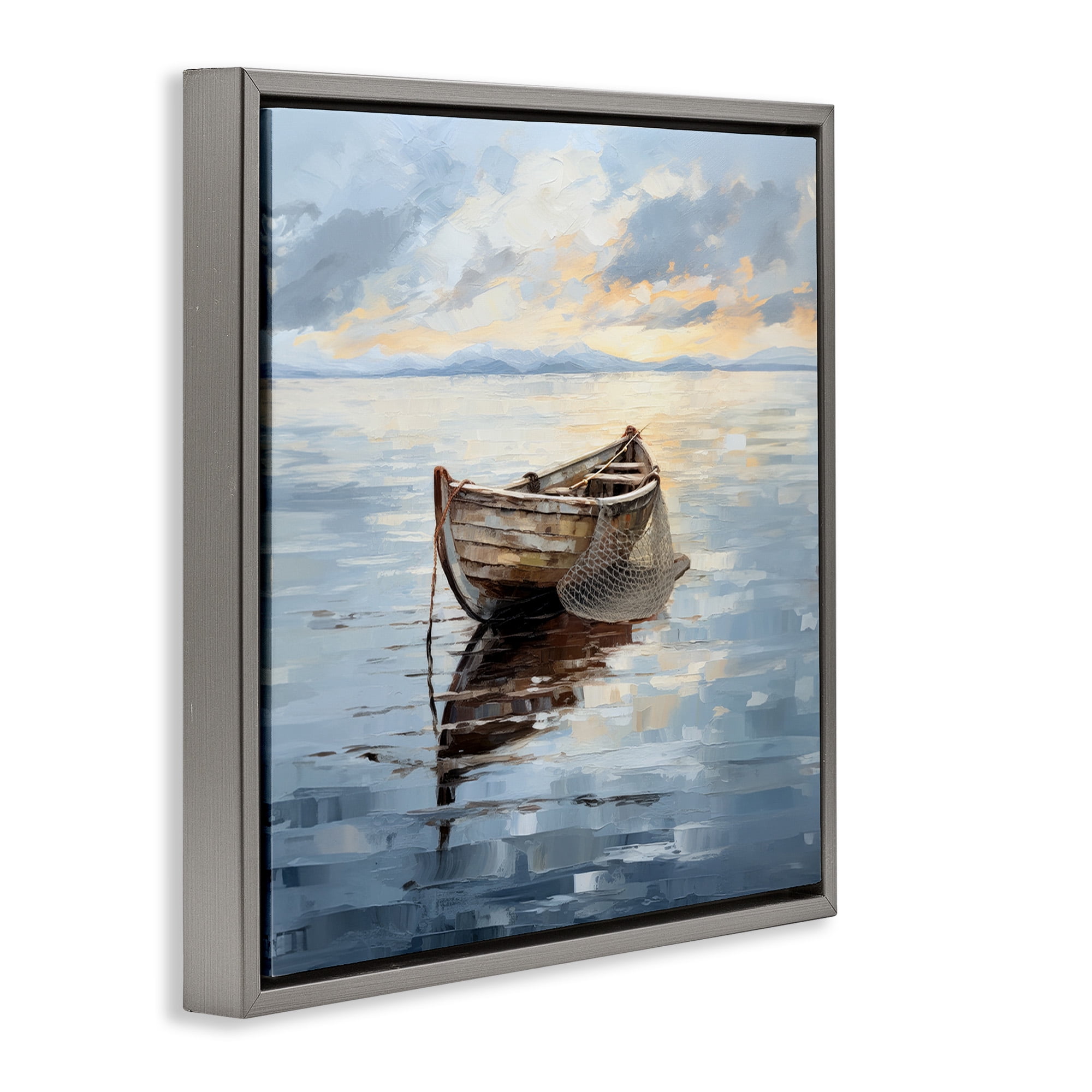 Stupell Industries Fishing Boat Painting Transportation Painting Gray Floater Framed Canvas Art Print Wall Art, 18 x 18